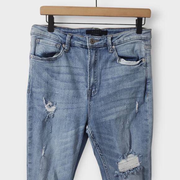 Risen Womens High-Rise Flare Distressed Jeans Sz 30/11 Light Blue Wash Raw Hem - Picture 2 of 13